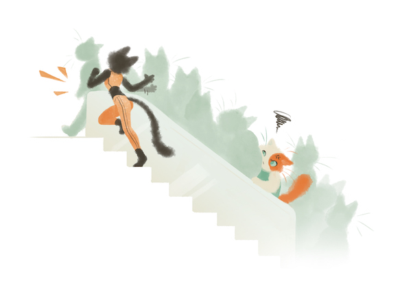 Un chat montant les escaliers à côté d'un escalator bondé