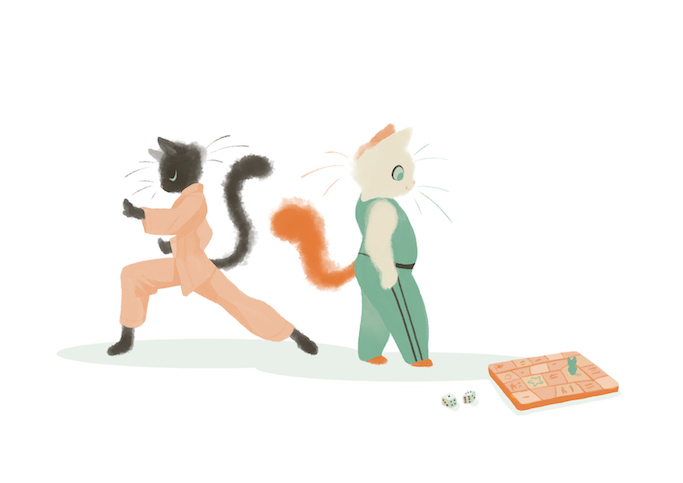 Deux chats jouant au jeu de l'oie de l'équilibre